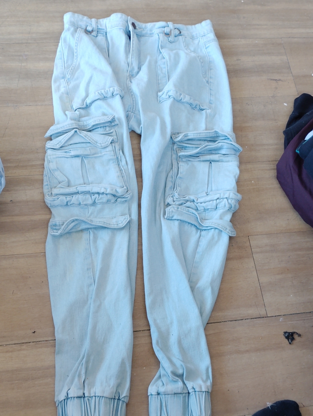 Light Wash Denim Cargo Joggers - Ice Blue American Bazi Los Angeles Size Medium